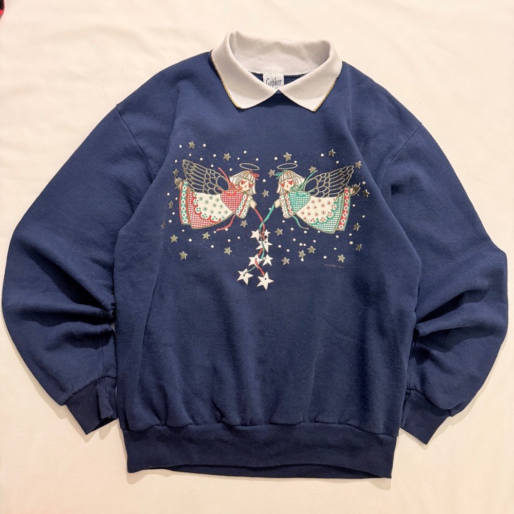 Gopher Sport Sweatshirt Womens Medium Navy 90s Vintage Angel Graphic Collared